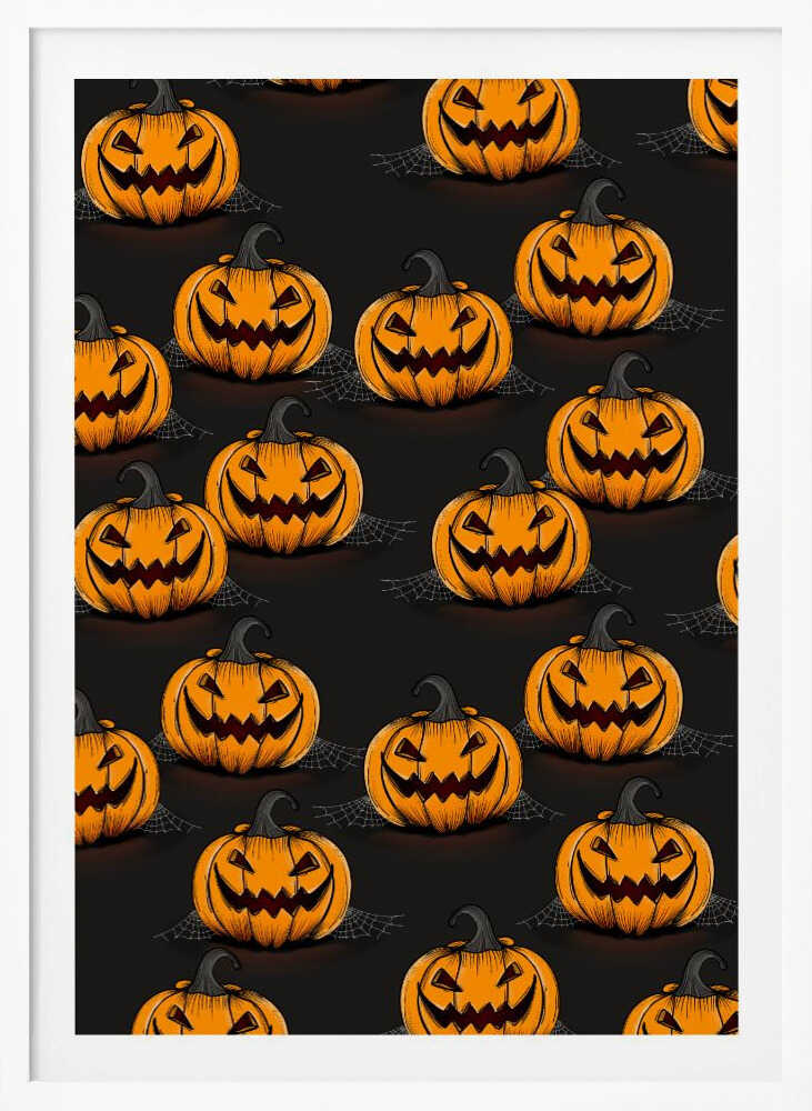 A framed poster featuring a repeating pattern of cartoonish, grinning jack-o'-lanterns on a solid black background. Each orange pumpkin has a sinister smile, triangular eyes, and a dark, curved stem. Faint spiderwebs are visible behind some of the pumpkins, adding to the spooky Halloween theme. Poster