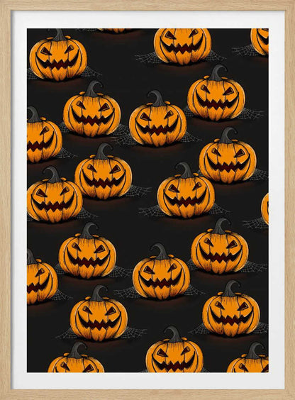 A framed poster featuring a repeating pattern of cartoonish, grinning jack-o'-lanterns on a solid black background. Each orange pumpkin has a sinister smile, triangular eyes, and a dark, curved stem. Faint spiderwebs are visible behind some of the pumpkins, adding to the spooky Halloween theme. Poster