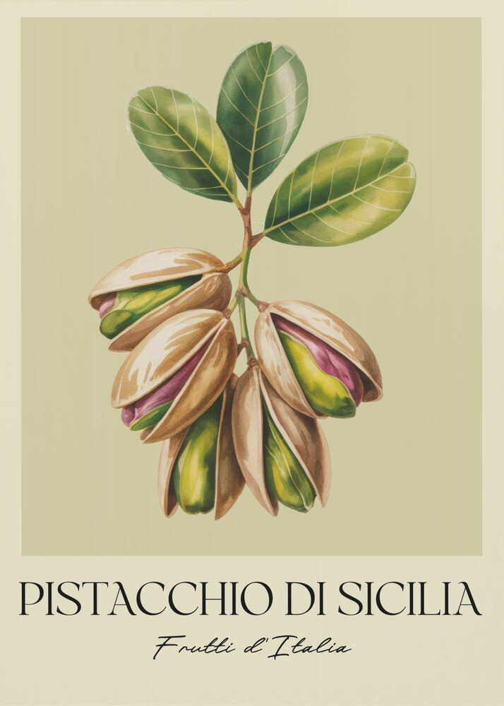 A vintage-style botanical poster illustrating a branch of Sicilian pistachios against a muted green background. The text below reads 'Pistacchio di Sicilia' and 'Frutti d'Italia'. The artwork is enclosed in a cream border and a simple black frame. Poster