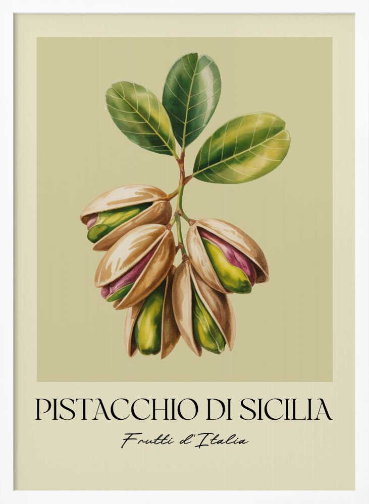 A vintage-style botanical poster illustrating a branch of Sicilian pistachios against a muted green background. The text below reads 'Pistacchio di Sicilia' and 'Frutti d'Italia'. The artwork is enclosed in a cream border and a simple black frame. Poster