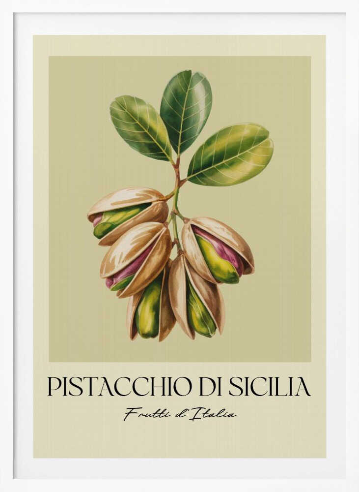 A vintage-style botanical poster illustrating a branch of Sicilian pistachios against a muted green background. The text below reads 'Pistacchio di Sicilia' and 'Frutti d'Italia'. The artwork is enclosed in a cream border and a simple black frame. Poster