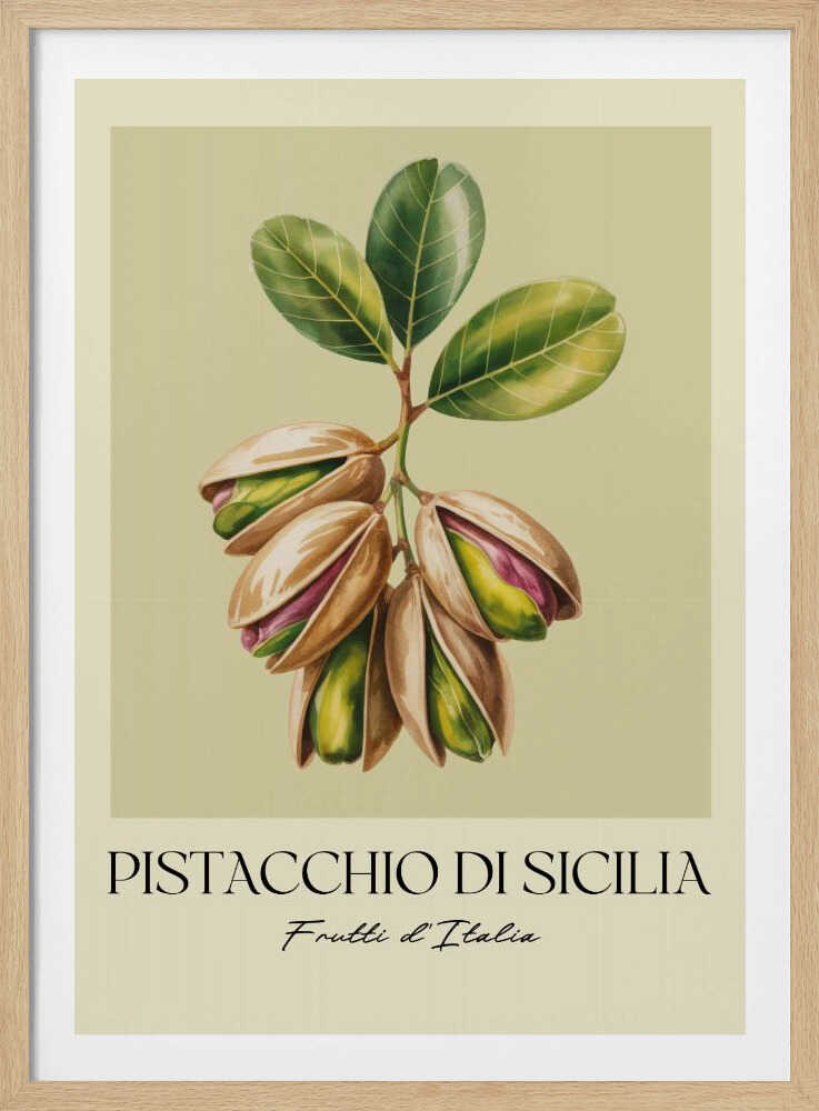 A vintage-style botanical poster illustrating a branch of Sicilian pistachios against a muted green background. The text below reads 'Pistacchio di Sicilia' and 'Frutti d'Italia'. The artwork is enclosed in a cream border and a simple black frame. Poster