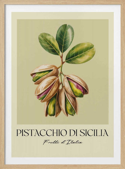 A vintage-style botanical poster illustrating a branch of Sicilian pistachios against a muted green background. The text below reads 'Pistacchio di Sicilia' and 'Frutti d'Italia'. The artwork is enclosed in a cream border and a simple black frame. Poster
