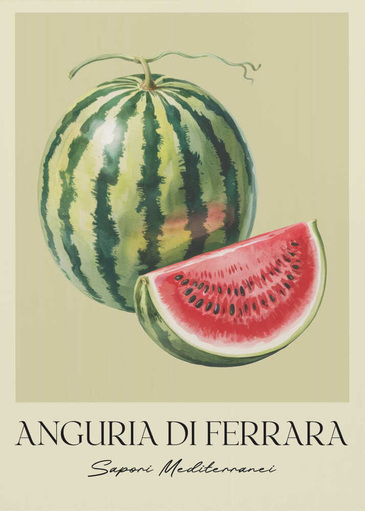 A vintage-style food poster in a black frame, featuring a detailed illustration of a whole striped watermelon and a cut slice showing its red flesh and black seeds. The background is a pale cream-green. Below the fruit, the text reads 'ANGURIA DI FERRARA' and 'Sapori Mediterranei'. Print