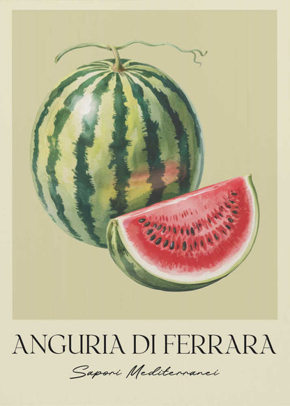 A vintage-style food poster in a black frame, featuring a detailed illustration of a whole striped watermelon and a cut slice showing its red flesh and black seeds. The background is a pale cream-green. Below the fruit, the text reads 'ANGURIA DI FERRARA' and 'Sapori Mediterranei'. Print