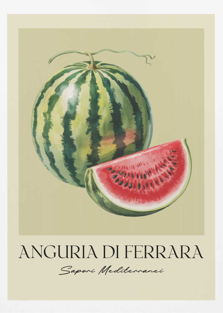 A vintage-style food poster in a black frame, featuring a detailed illustration of a whole striped watermelon and a cut slice showing its red flesh and black seeds. The background is a pale cream-green. Below the fruit, the text reads 'ANGURIA DI FERRARA' and 'Sapori Mediterranei'. Print
