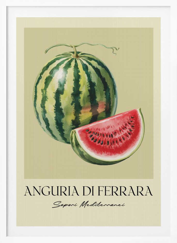 A vintage-style food poster in a black frame, featuring a detailed illustration of a whole striped watermelon and a cut slice showing its red flesh and black seeds. The background is a pale cream-green. Below the fruit, the text reads 'ANGURIA DI FERRARA' and 'Sapori Mediterranei'. Print