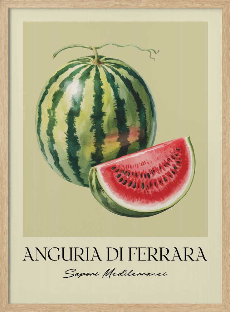 A vintage-style food poster in a black frame, featuring a detailed illustration of a whole striped watermelon and a cut slice showing its red flesh and black seeds. The background is a pale cream-green. Below the fruit, the text reads 'ANGURIA DI FERRARA' and 'Sapori Mediterranei'. Print