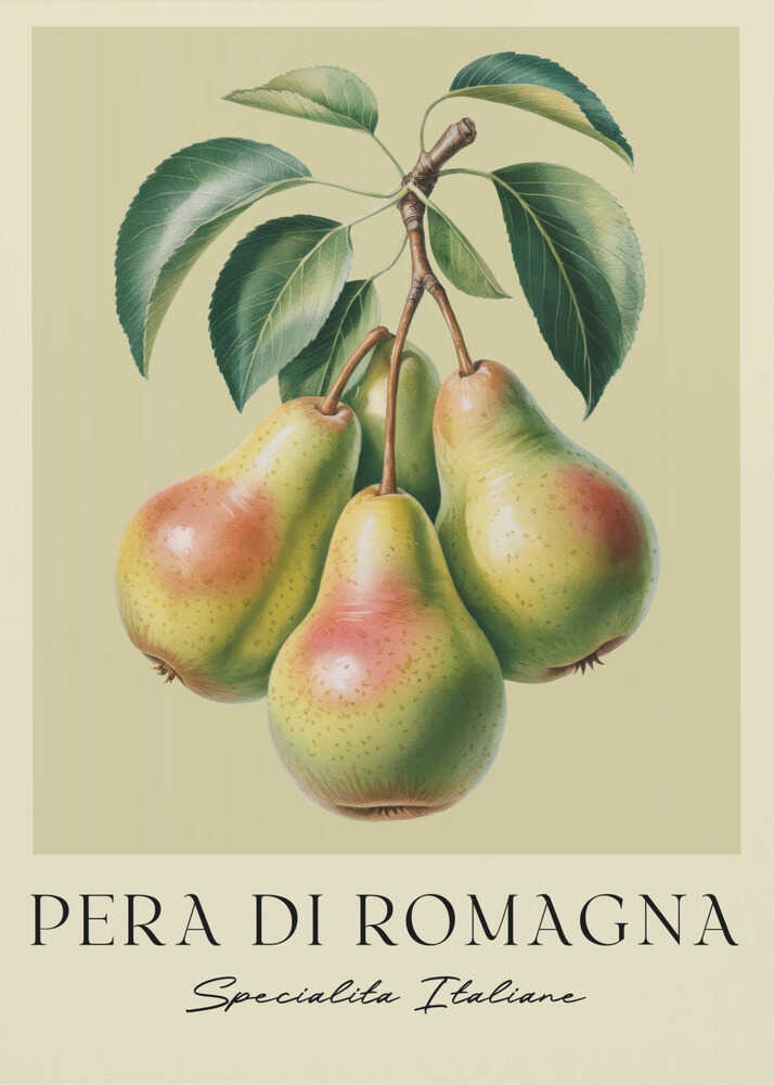 A vintage botanical art print of four 'Pera di Romagna' pears hanging from a leafy branch against a pale greenish-yellow background. Below the fruit, the text reads 'PERA DI ROMAGNA' and 'Specialita Italiane'. The print is displayed in a black frame. Decor