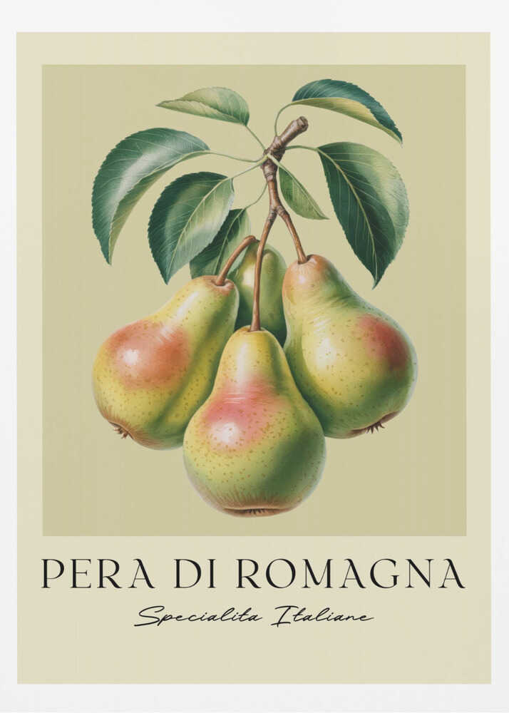 A vintage botanical art print of four 'Pera di Romagna' pears hanging from a leafy branch against a pale greenish-yellow background. Below the fruit, the text reads 'PERA DI ROMAGNA' and 'Specialita Italiane'. The print is displayed in a black frame. Decor