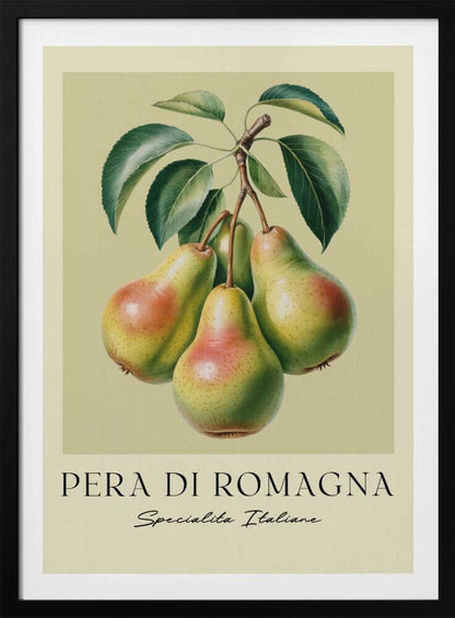 A vintage botanical art print of four 'Pera di Romagna' pears hanging from a leafy branch against a pale greenish-yellow background. Below the fruit, the text reads 'PERA DI ROMAGNA' and 'Specialita Italiane'. The print is displayed in a black frame. Decor