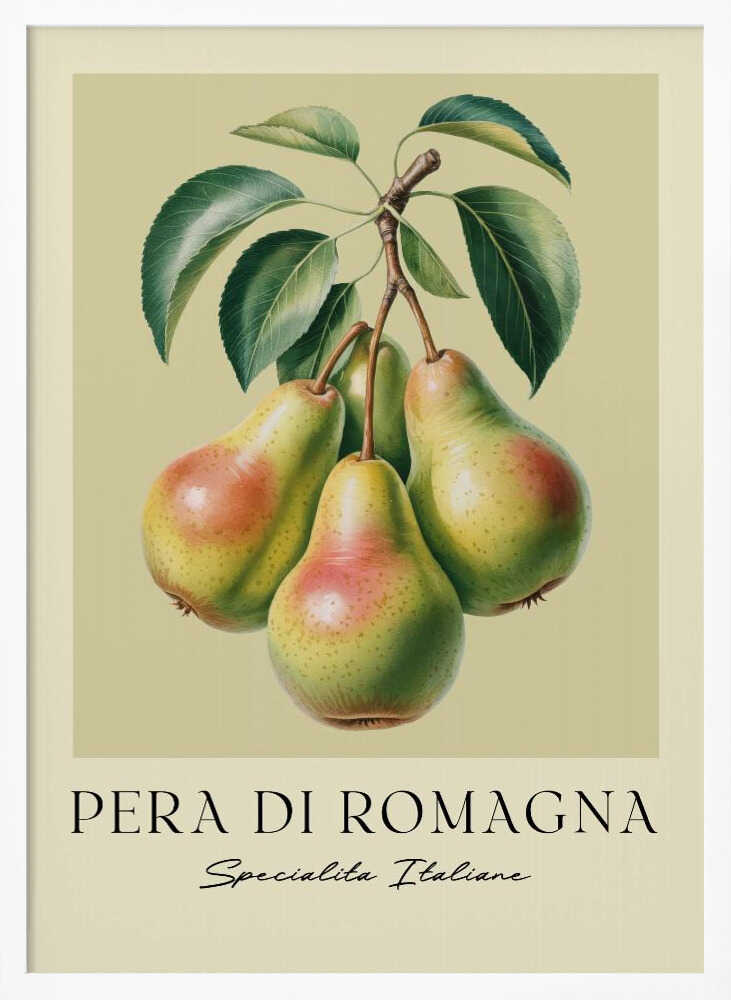 A vintage botanical art print of four 'Pera di Romagna' pears hanging from a leafy branch against a pale greenish-yellow background. Below the fruit, the text reads 'PERA DI ROMAGNA' and 'Specialita Italiane'. The print is displayed in a black frame. Decor