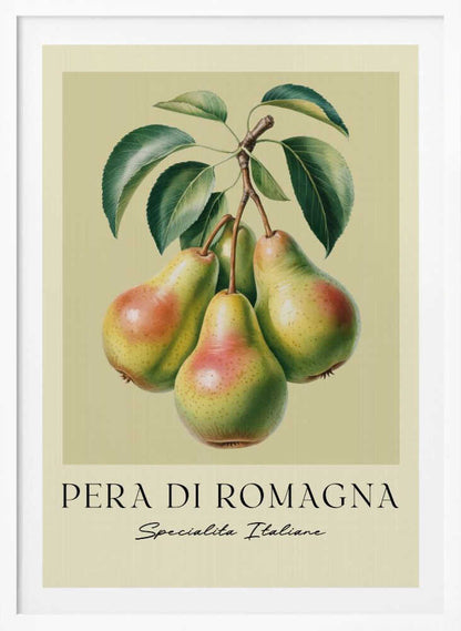 A vintage botanical art print of four 'Pera di Romagna' pears hanging from a leafy branch against a pale greenish-yellow background. Below the fruit, the text reads 'PERA DI ROMAGNA' and 'Specialita Italiane'. The print is displayed in a black frame. Decor