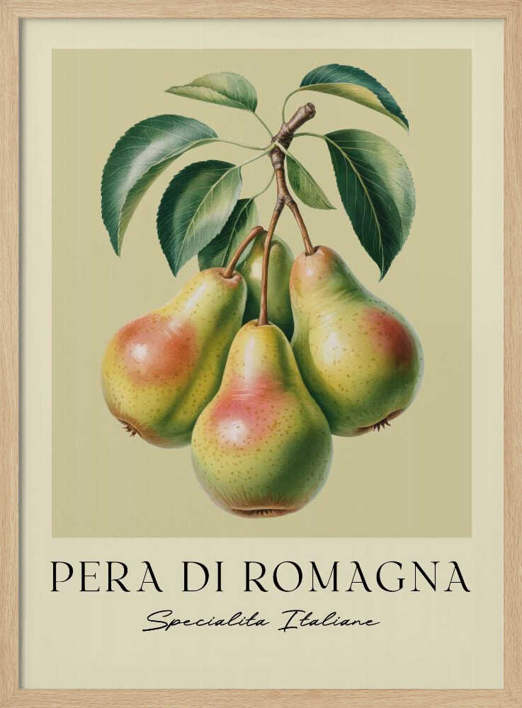 A vintage botanical art print of four 'Pera di Romagna' pears hanging from a leafy branch against a pale greenish-yellow background. Below the fruit, the text reads 'PERA DI ROMAGNA' and 'Specialita Italiane'. The print is displayed in a black frame. Decor