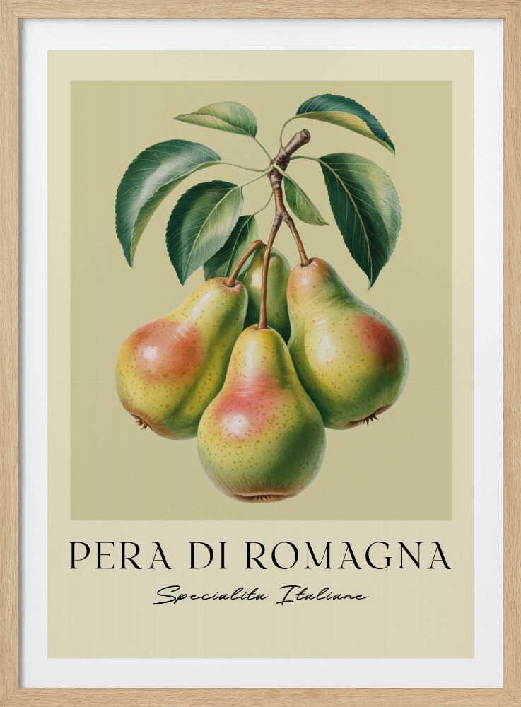 A vintage botanical art print of four 'Pera di Romagna' pears hanging from a leafy branch against a pale greenish-yellow background. Below the fruit, the text reads 'PERA DI ROMAGNA' and 'Specialita Italiane'. The print is displayed in a black frame. Decor