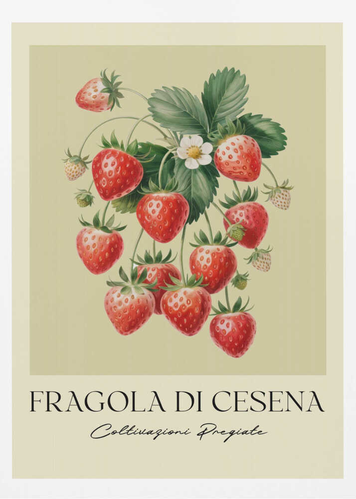 A vintage-style botanical poster featuring a detailed illustration of a strawberry plant with bright red berries, green leaves, and a small white flower. The background is a soft, pale yellow. Below the illustration, the text reads 'FRAGOLA DI CESENA' and 'Coltivazioni Pregiate' in Italian. The entire print is framed in black. Print