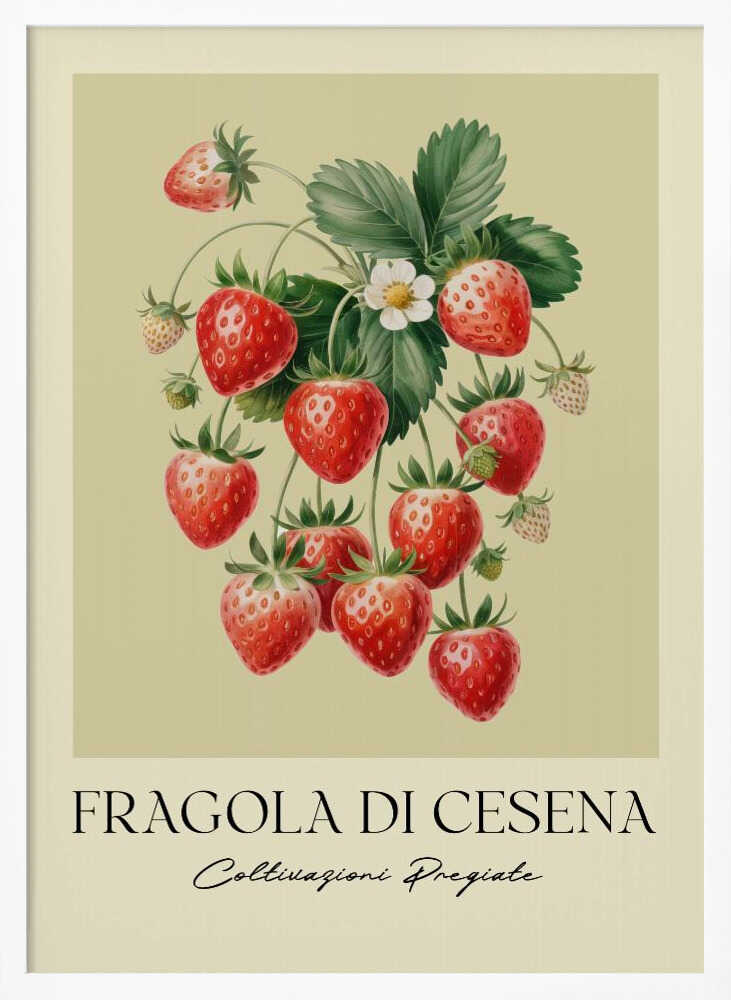 A vintage-style botanical poster featuring a detailed illustration of a strawberry plant with bright red berries, green leaves, and a small white flower. The background is a soft, pale yellow. Below the illustration, the text reads 'FRAGOLA DI CESENA' and 'Coltivazioni Pregiate' in Italian. The entire print is framed in black. Print