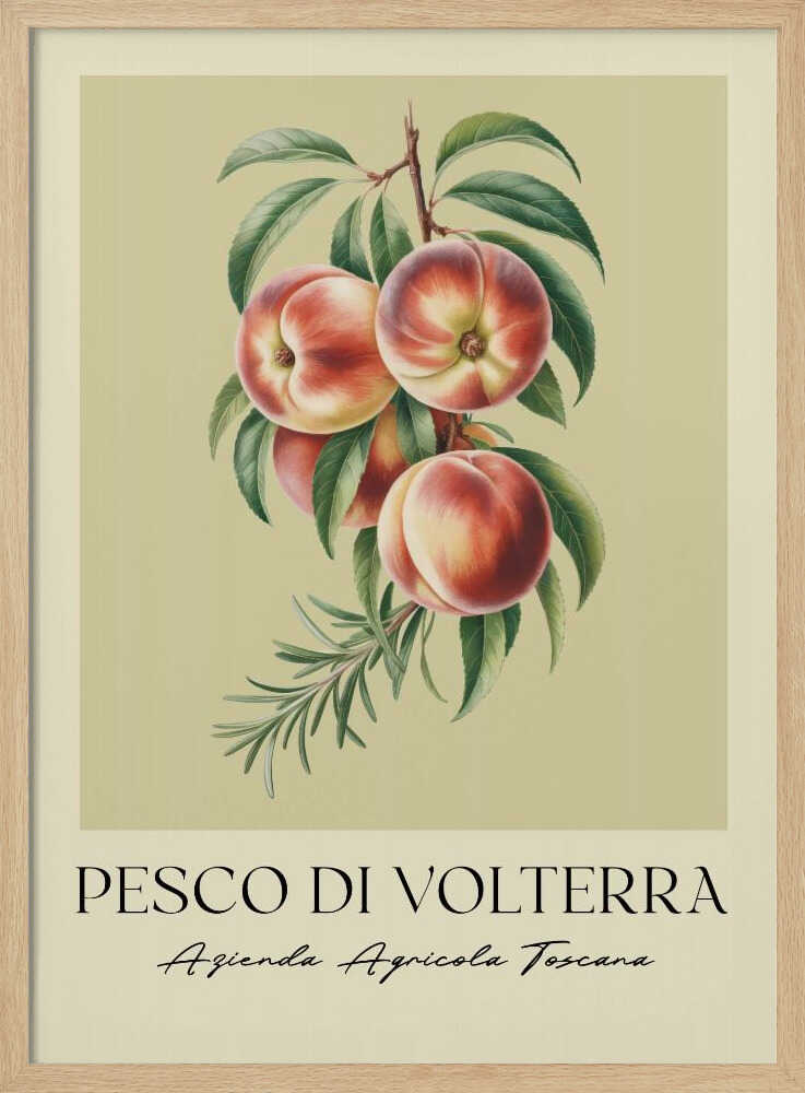 A vintage-style botanical poster of a peach branch with several ripe, red and yellow peaches and green leaves, set against a muted beige background. The poster has Italian text at the bottom that reads 'PESCO DI VOLTERRA' and 'Azienda Agricola Toscana' and is shown in a black frame. Decor