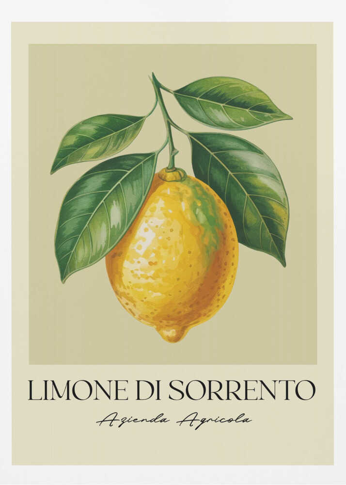 A vintage-style art print featuring a detailed illustration of a large yellow Sorrento lemon hanging from a branch with several green leaves. The background is a solid cream color. Below the image, the text 'LIMONE DI SORRENTO' is printed in a black serif font, with 'Azienda Agricola' underneath in a script font. The entire print is framed in a simple black frame. Poster