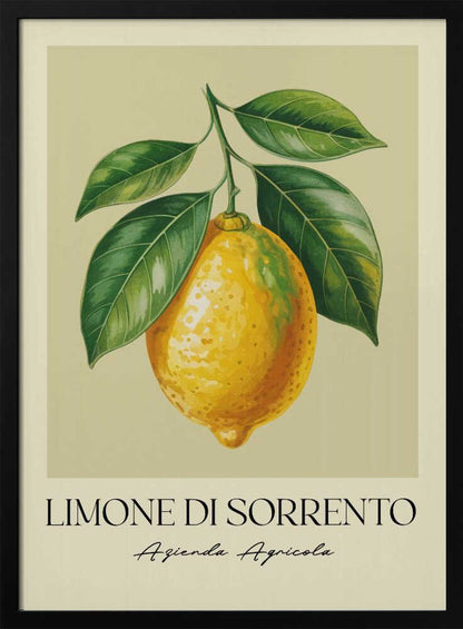 A vintage-style art print featuring a detailed illustration of a large yellow Sorrento lemon hanging from a branch with several green leaves. The background is a solid cream color. Below the image, the text 'LIMONE DI SORRENTO' is printed in a black serif font, with 'Azienda Agricola' underneath in a script font. The entire print is framed in a simple black frame. Poster
