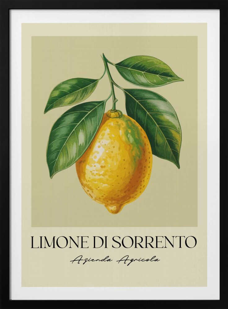 A vintage-style art print featuring a detailed illustration of a large yellow Sorrento lemon hanging from a branch with several green leaves. The background is a solid cream color. Below the image, the text 'LIMONE DI SORRENTO' is printed in a black serif font, with 'Azienda Agricola' underneath in a script font. The entire print is framed in a simple black frame. Poster