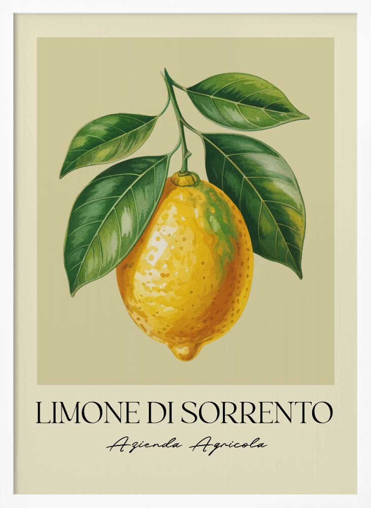 A vintage-style art print featuring a detailed illustration of a large yellow Sorrento lemon hanging from a branch with several green leaves. The background is a solid cream color. Below the image, the text 'LIMONE DI SORRENTO' is printed in a black serif font, with 'Azienda Agricola' underneath in a script font. The entire print is framed in a simple black frame. Poster