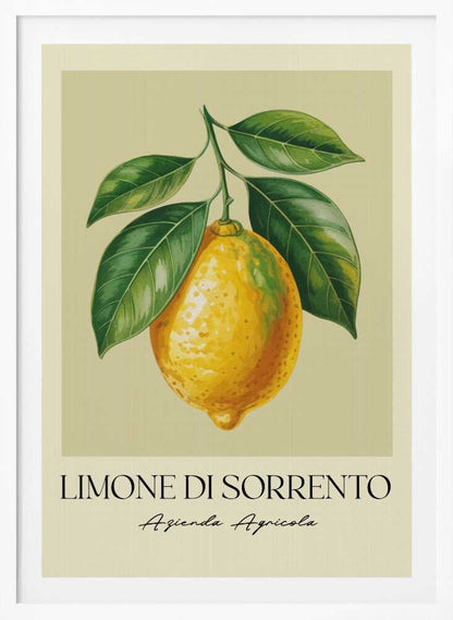 A vintage-style art print featuring a detailed illustration of a large yellow Sorrento lemon hanging from a branch with several green leaves. The background is a solid cream color. Below the image, the text 'LIMONE DI SORRENTO' is printed in a black serif font, with 'Azienda Agricola' underneath in a script font. The entire print is framed in a simple black frame. Poster