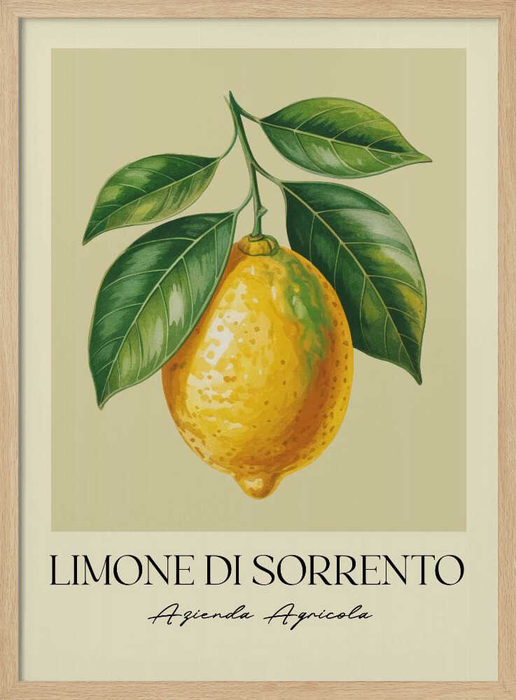A vintage-style art print featuring a detailed illustration of a large yellow Sorrento lemon hanging from a branch with several green leaves. The background is a solid cream color. Below the image, the text 'LIMONE DI SORRENTO' is printed in a black serif font, with 'Azienda Agricola' underneath in a script font. The entire print is framed in a simple black frame. Poster
