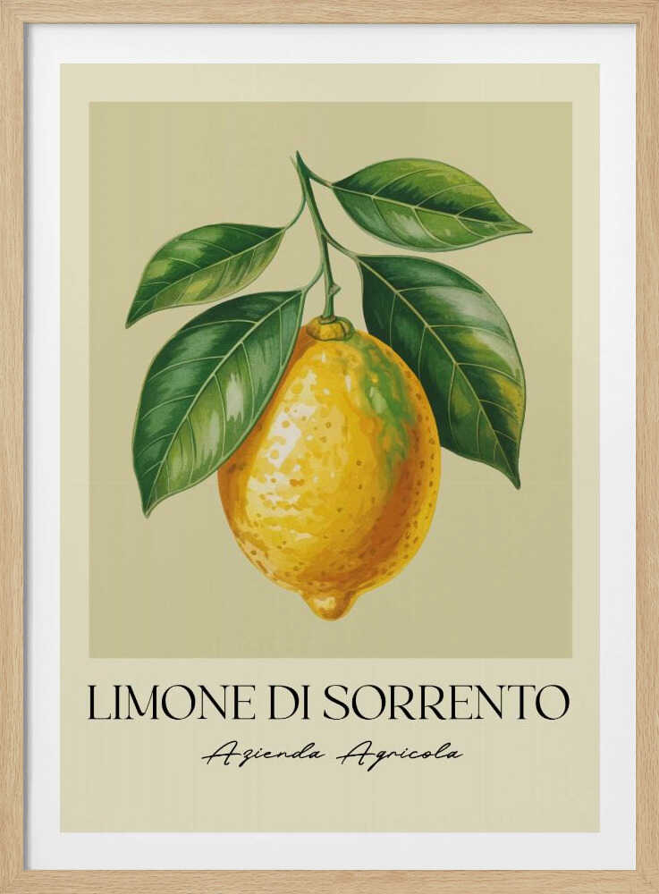 A vintage-style art print featuring a detailed illustration of a large yellow Sorrento lemon hanging from a branch with several green leaves. The background is a solid cream color. Below the image, the text 'LIMONE DI SORRENTO' is printed in a black serif font, with 'Azienda Agricola' underneath in a script font. The entire print is framed in a simple black frame. Poster