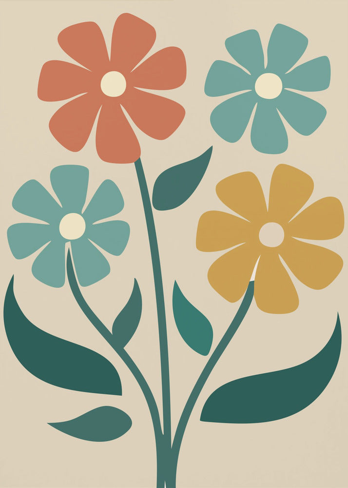 A retro-style illustration of four colorful flowers with bold, simple petals in shades of orange, teal, and yellow, on green stems against a cream background. Artwork