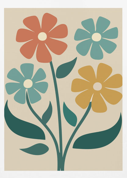 A retro-style illustration of four colorful flowers with bold, simple petals in shades of orange, teal, and yellow, on green stems against a cream background. Artwork