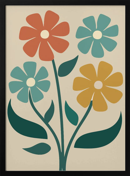 A retro-style illustration of four colorful flowers with bold, simple petals in shades of orange, teal, and yellow, on green stems against a cream background. Artwork
