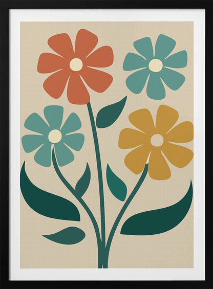 A retro-style illustration of four colorful flowers with bold, simple petals in shades of orange, teal, and yellow, on green stems against a cream background. Artwork