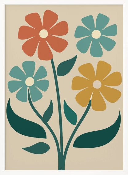 A retro-style illustration of four colorful flowers with bold, simple petals in shades of orange, teal, and yellow, on green stems against a cream background. Artwork