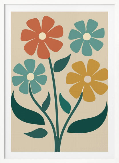 A retro-style illustration of four colorful flowers with bold, simple petals in shades of orange, teal, and yellow, on green stems against a cream background. Artwork