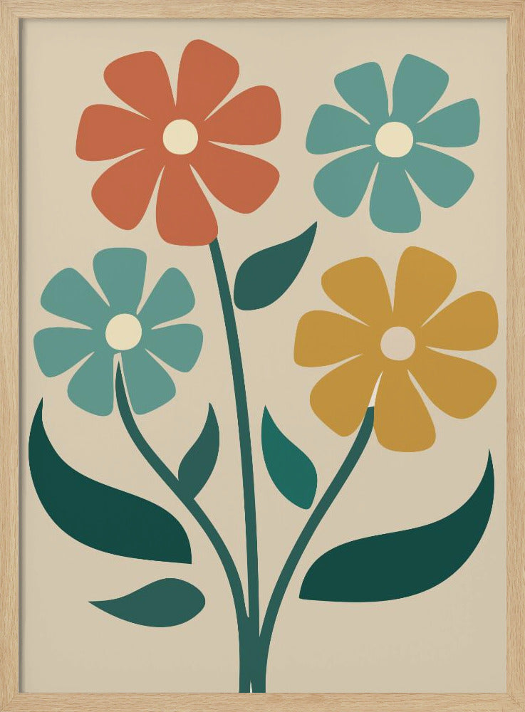A retro-style illustration of four colorful flowers with bold, simple petals in shades of orange, teal, and yellow, on green stems against a cream background. Artwork