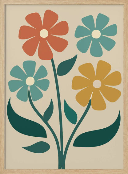 A retro-style illustration of four colorful flowers with bold, simple petals in shades of orange, teal, and yellow, on green stems against a cream background. Artwork