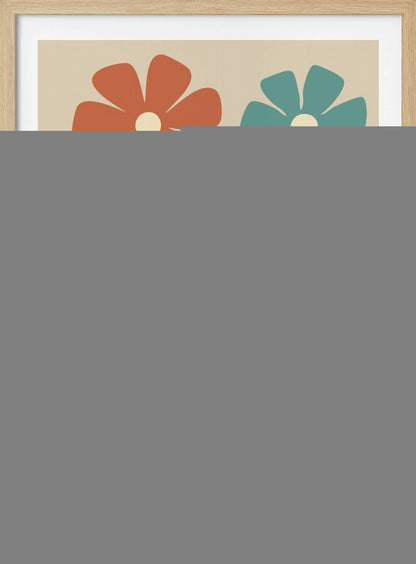 A retro-style illustration of four colorful flowers with bold, simple petals in shades of orange, teal, and yellow, on green stems against a cream background. Artwork