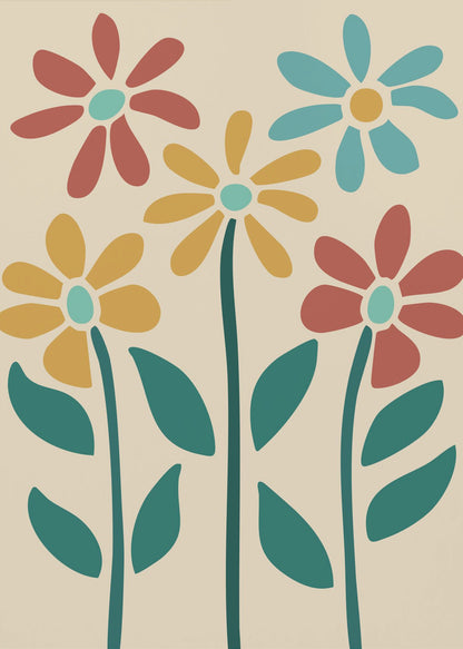 A retro-style art print of five colorful, stylized flowers against a cream-colored background, inside a thin black frame. The flowers, resembling daisies, are colored red, yellow, and light blue with thick, dark teal stems and leaves. Poster