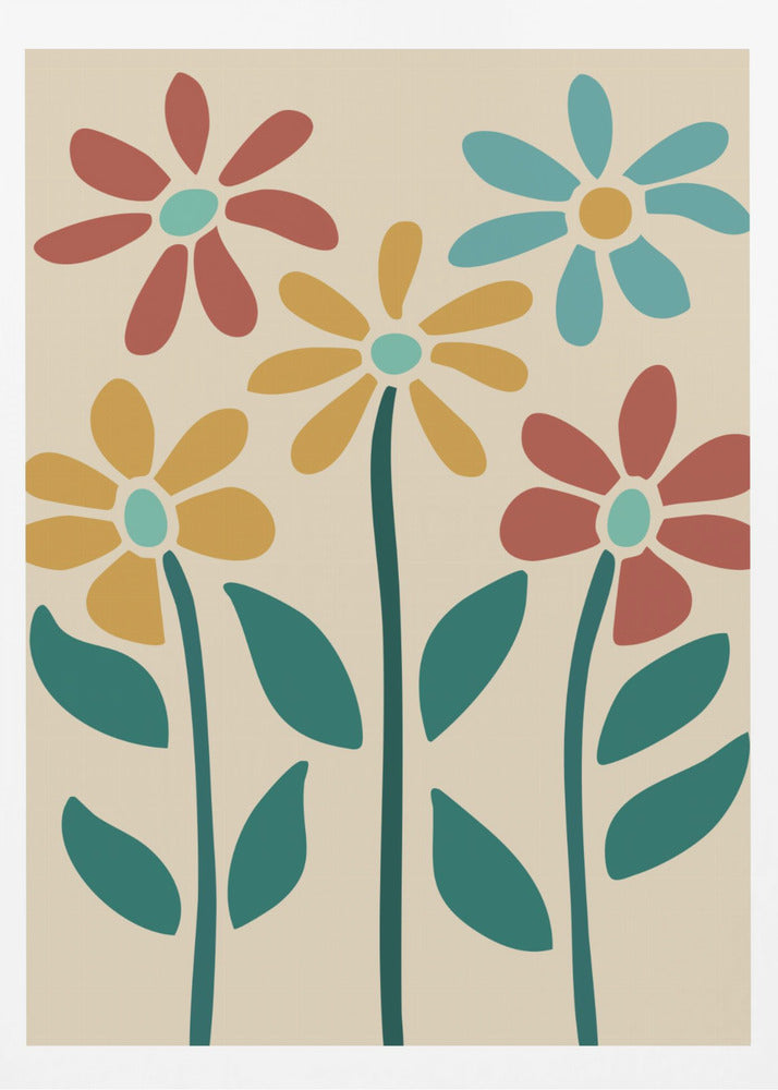 A retro-style art print of five colorful, stylized flowers against a cream-colored background, inside a thin black frame. The flowers, resembling daisies, are colored red, yellow, and light blue with thick, dark teal stems and leaves. Poster