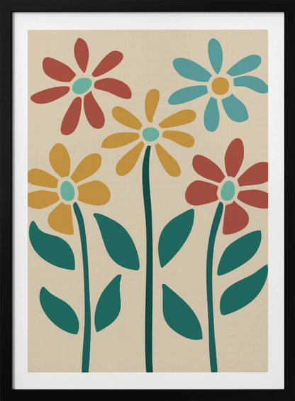 A retro-style art print of five colorful, stylized flowers against a cream-colored background, inside a thin black frame. The flowers, resembling daisies, are colored red, yellow, and light blue with thick, dark teal stems and leaves. Poster