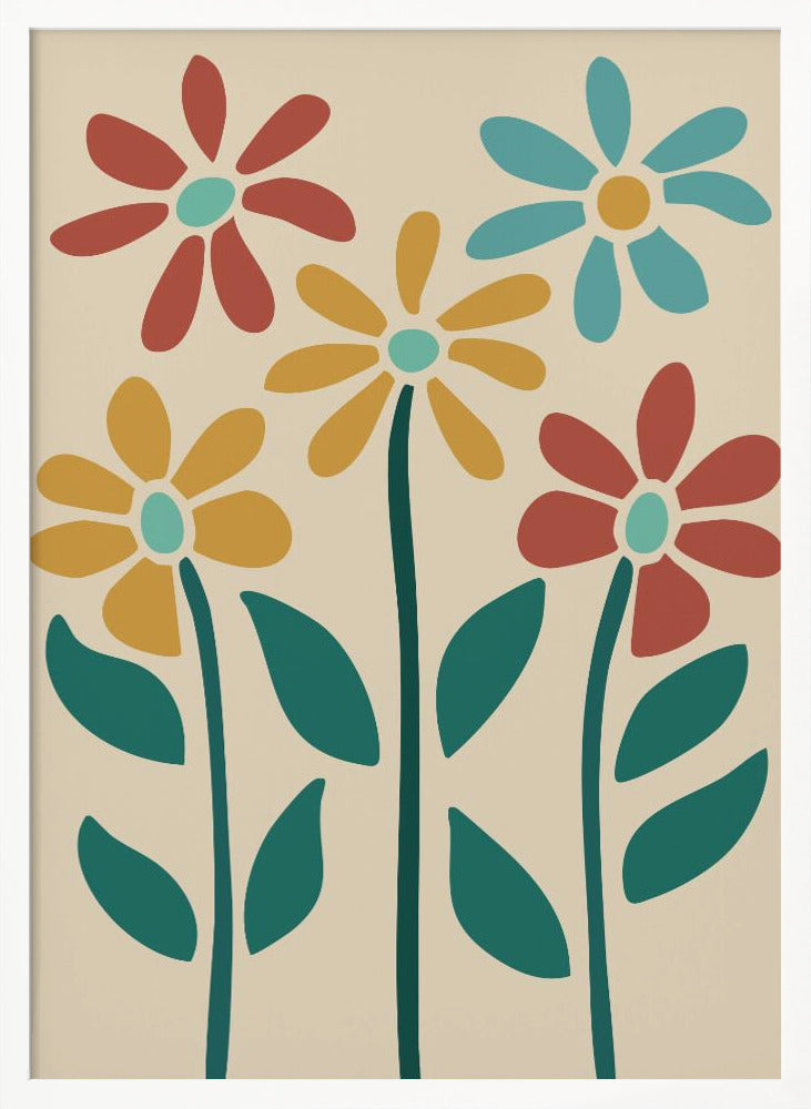 A retro-style art print of five colorful, stylized flowers against a cream-colored background, inside a thin black frame. The flowers, resembling daisies, are colored red, yellow, and light blue with thick, dark teal stems and leaves. Poster