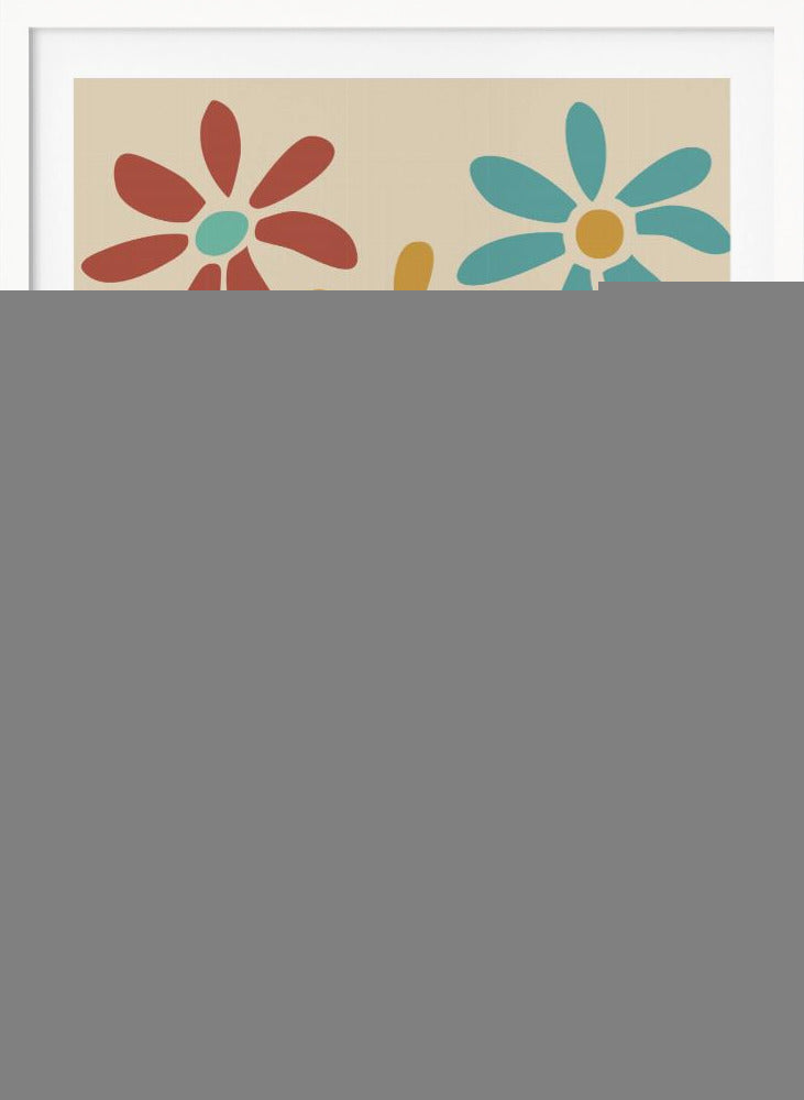 A retro-style art print of five colorful, stylized flowers against a cream-colored background, inside a thin black frame. The flowers, resembling daisies, are colored red, yellow, and light blue with thick, dark teal stems and leaves. Poster