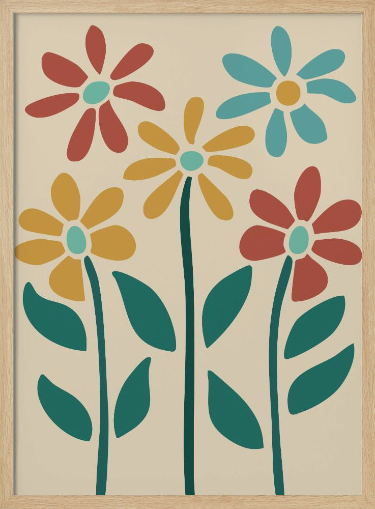 A retro-style art print of five colorful, stylized flowers against a cream-colored background, inside a thin black frame. The flowers, resembling daisies, are colored red, yellow, and light blue with thick, dark teal stems and leaves. Poster