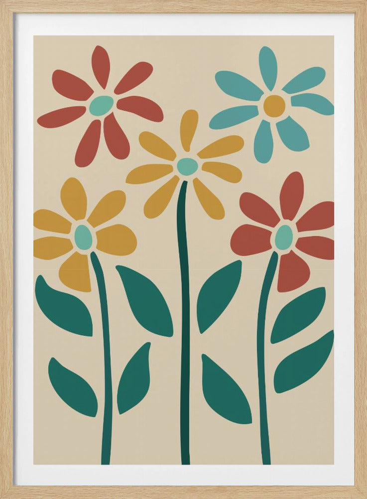 A retro-style art print of five colorful, stylized flowers against a cream-colored background, inside a thin black frame. The flowers, resembling daisies, are colored red, yellow, and light blue with thick, dark teal stems and leaves. Poster
