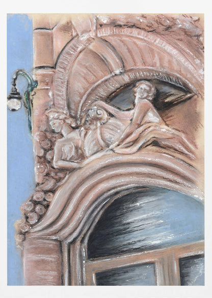 A pastel drawing of an ornate architectural detail on a building facade, featuring elaborate carvings above an arched window. The carvings depict classical female figures in flowing drapery, rendered in warm pink and brown tones against a light blue sky. A vintage-style street lamp is visible to the left. Wall Art