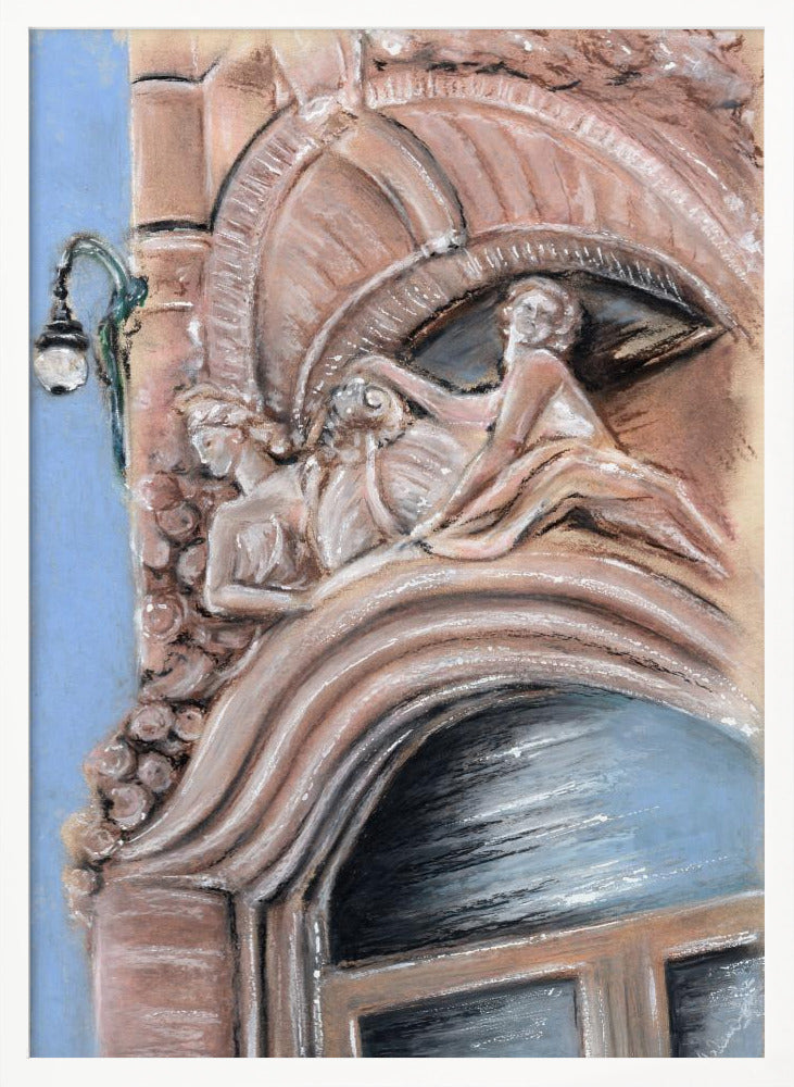 A pastel drawing of an ornate architectural detail on a building facade, featuring elaborate carvings above an arched window. The carvings depict classical female figures in flowing drapery, rendered in warm pink and brown tones against a light blue sky. A vintage-style street lamp is visible to the left. Wall Art