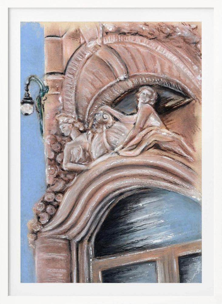 A pastel drawing of an ornate architectural detail on a building facade, featuring elaborate carvings above an arched window. The carvings depict classical female figures in flowing drapery, rendered in warm pink and brown tones against a light blue sky. A vintage-style street lamp is visible to the left. Wall Art