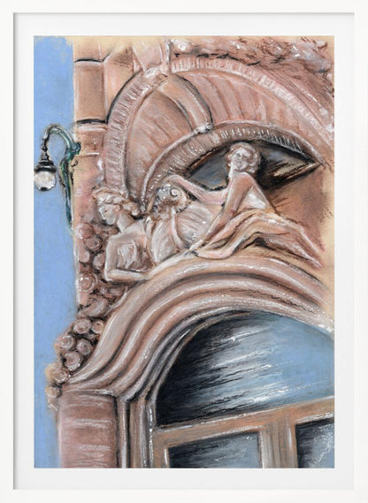 A pastel drawing of an ornate architectural detail on a building facade, featuring elaborate carvings above an arched window. The carvings depict classical female figures in flowing drapery, rendered in warm pink and brown tones against a light blue sky. A vintage-style street lamp is visible to the left. Wall Art