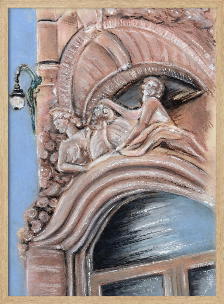 A pastel drawing of an ornate architectural detail on a building facade, featuring elaborate carvings above an arched window. The carvings depict classical female figures in flowing drapery, rendered in warm pink and brown tones against a light blue sky. A vintage-style street lamp is visible to the left. Wall Art